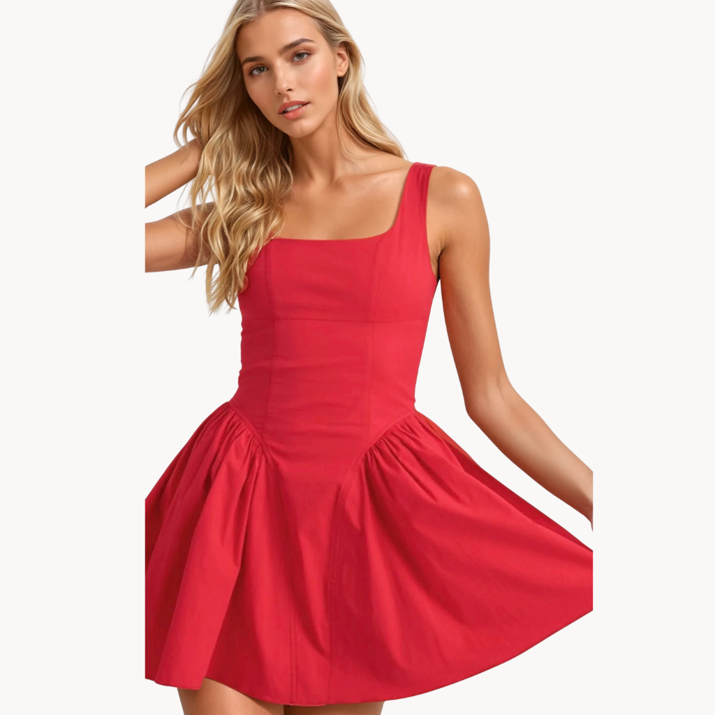 Red corset-style mini dress with pleated skirt and lace-up back – flirty and bold date night outfit or party dress for women.