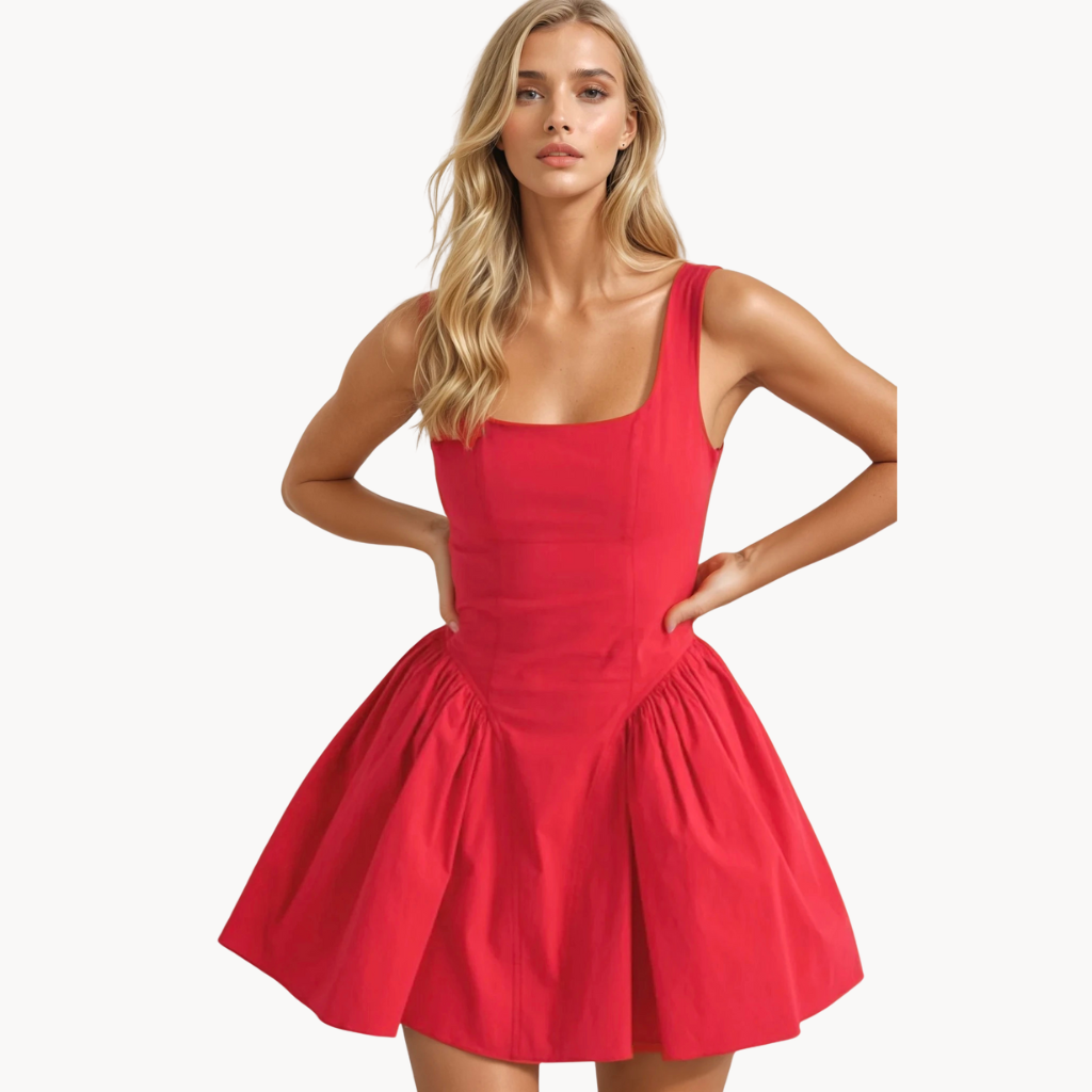 Red corset-style mini dress with pleated skirt and lace-up back – flirty and bold date night outfit or party dress for women.