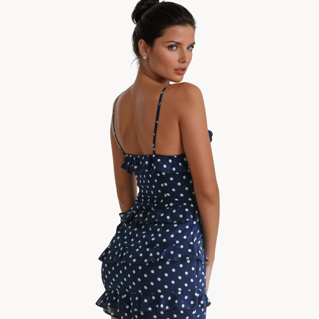 Navy polka dot mini dress with ruffle trim and bodycon fit – cute summer dress for women, perfect for daytime dates or vacation style.