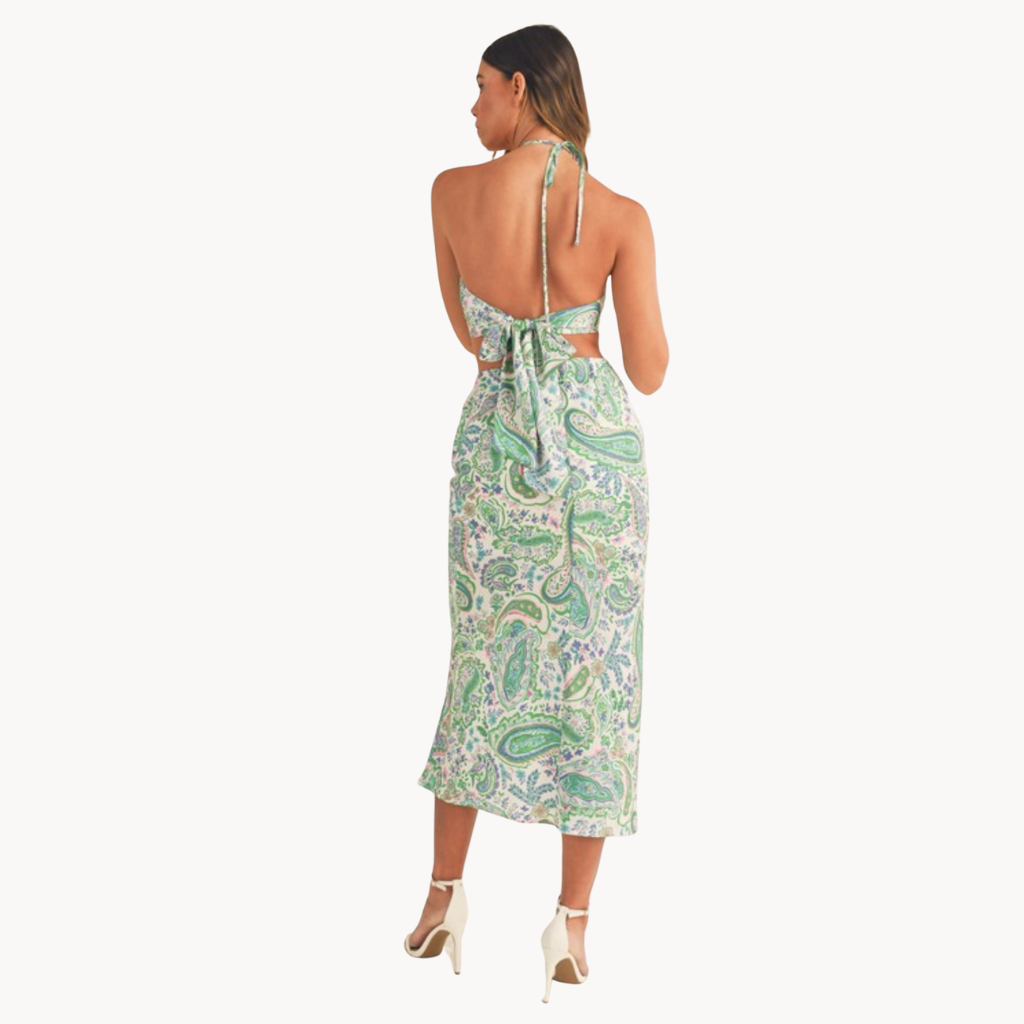 Green and purple paisley two-piece halter crop top and midi skirt set – lightweight summer co-ord for women, perfect vacation or resort outfit.