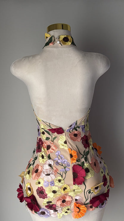 Pastel halter mini dress with multicolor 3D floral embroidery – whimsical spring dress or birthday outfit for women, perfect for garden parties.