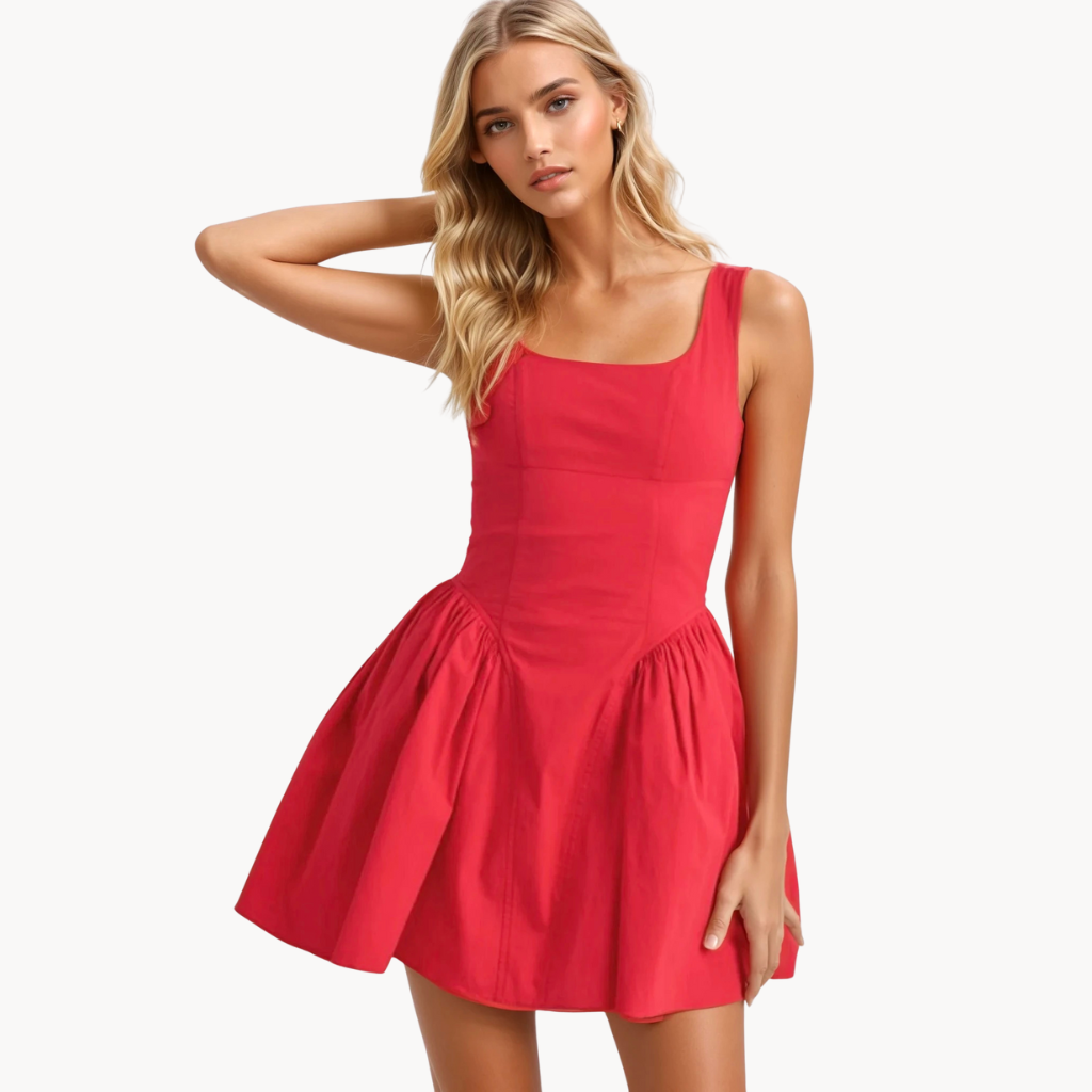 Red corset-style mini dress with pleated skirt and lace-up back – flirty and bold date night outfit or party dress for women.
