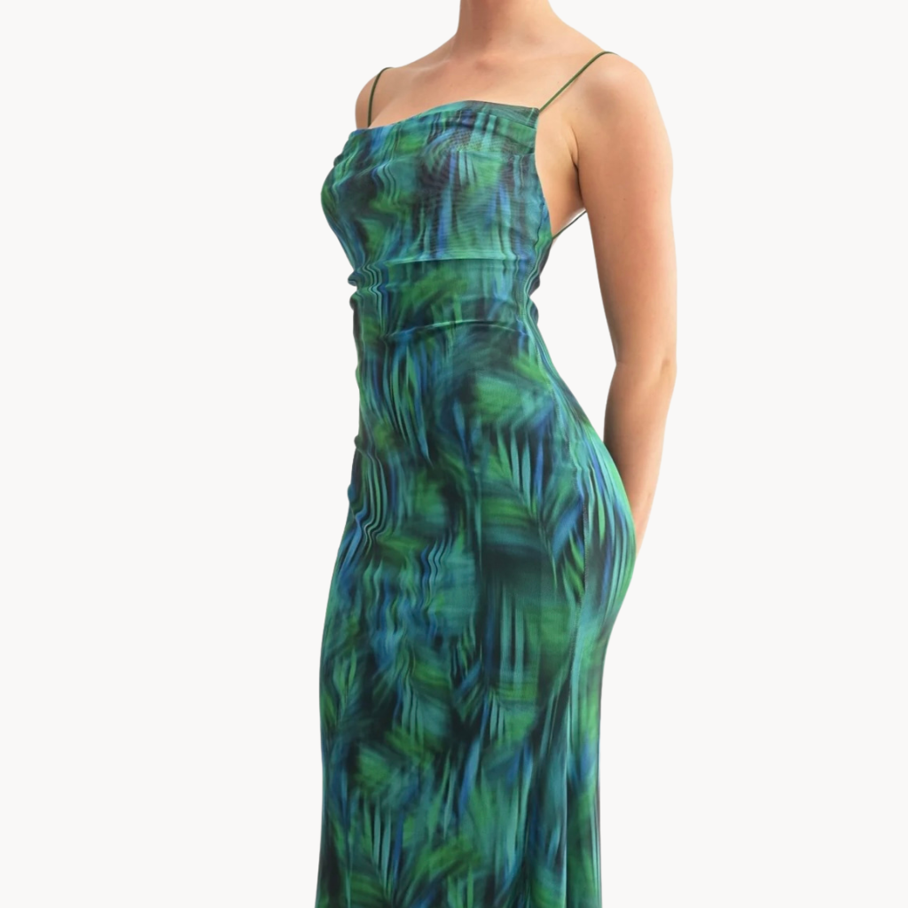Green and blue mesh maxi dress with spaghetti straps and body-hugging fit – elegant evening dress for women, perfect for beach vacations or tropical nights.