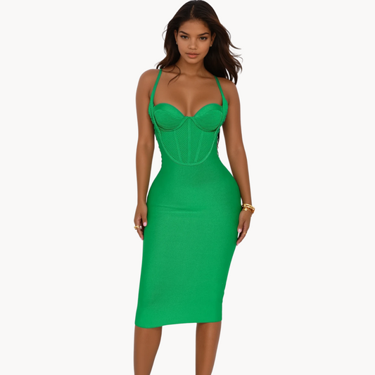 Green bandage midi dress with structured corset bodice and thin straps – sexy bodycon cocktail dress for women, perfect for date night or events.