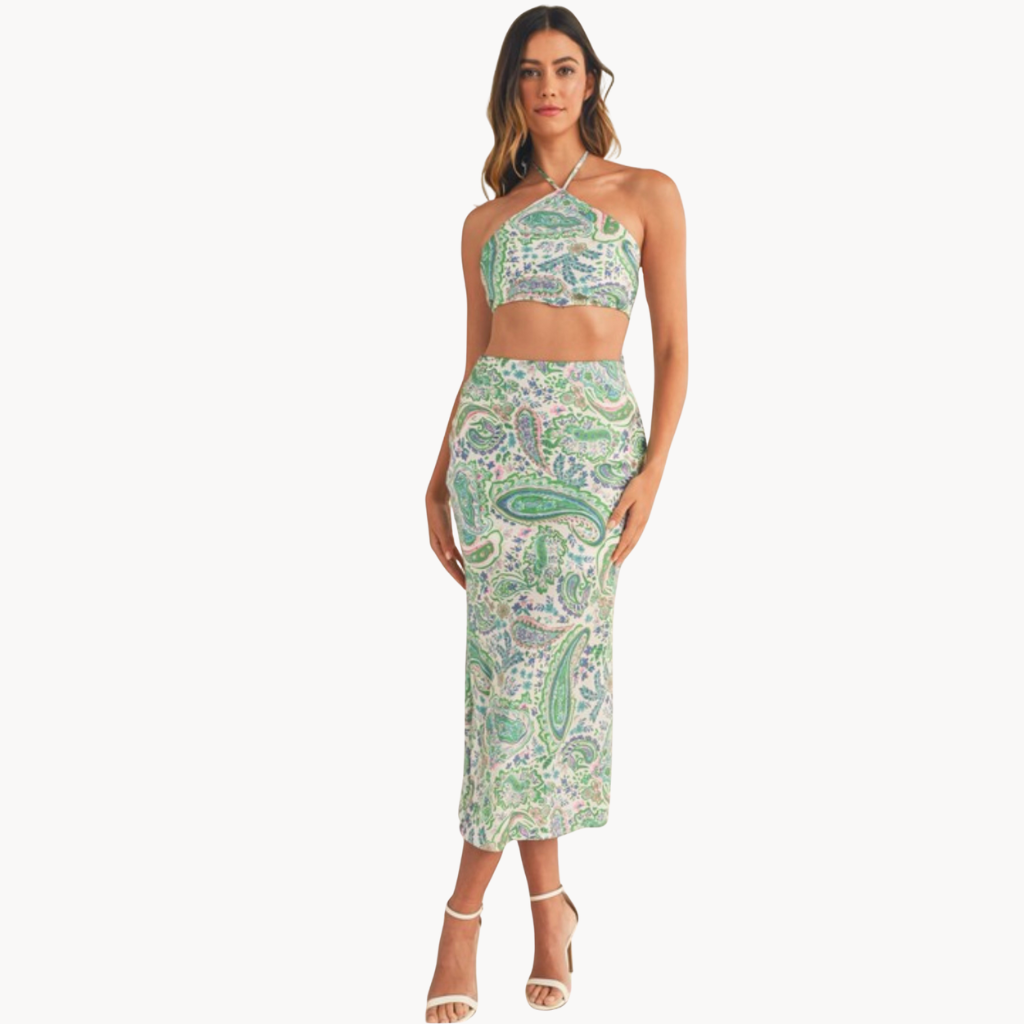 Green and purple paisley two-piece halter crop top and midi skirt set – lightweight summer co-ord for women, perfect vacation or resort outfit.