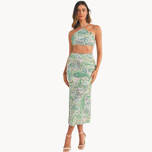 Green and purple paisley two-piece halter crop top and midi skirt set – lightweight summer co-ord for women, perfect vacation or resort outfit.