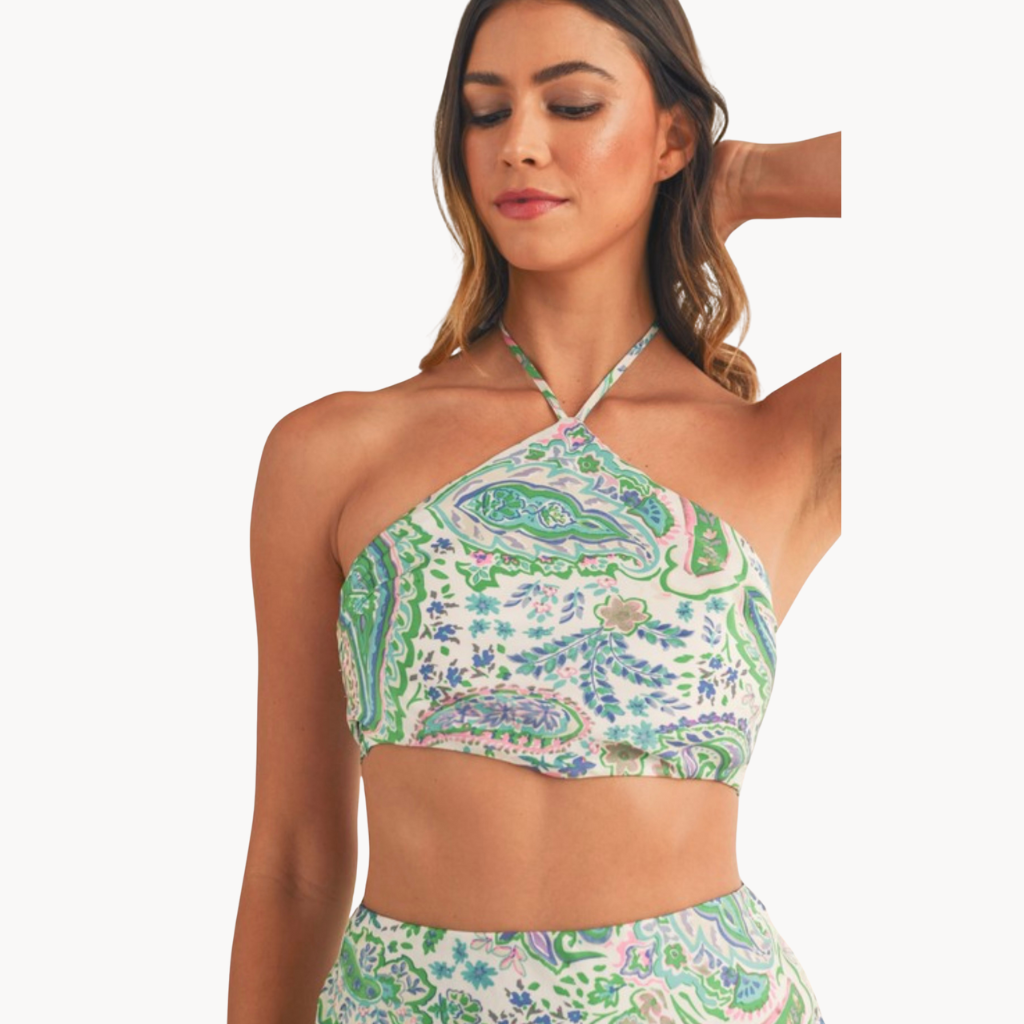 Green and purple paisley two-piece halter crop top and midi skirt set – lightweight summer co-ord for women, perfect vacation or resort outfit.