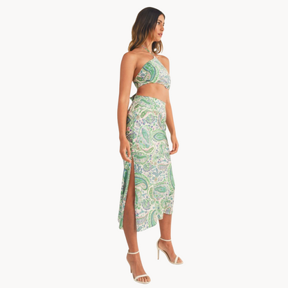 Green and purple paisley two-piece halter crop top and midi skirt set – lightweight summer co-ord for women, perfect vacation or resort outfit.