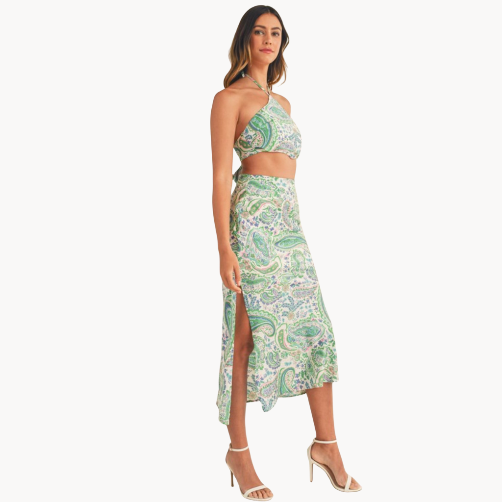 Green and purple paisley two-piece halter crop top and midi skirt set – lightweight summer co-ord for women, perfect vacation or resort outfit.