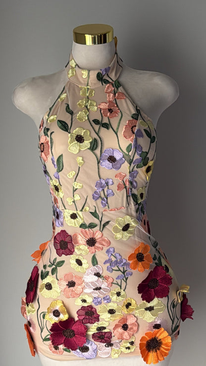 Pastel halter mini dress with multicolor 3D floral embroidery – whimsical spring dress or birthday outfit for women, perfect for garden parties.