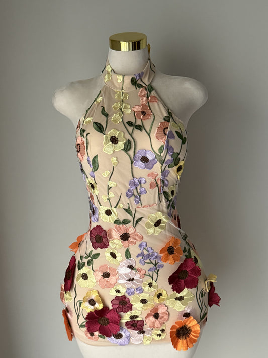 Pastel halter mini dress with multicolor 3D floral embroidery – whimsical spring dress or birthday outfit for women, perfect for garden parties.