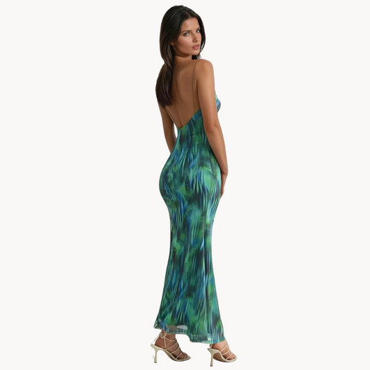 Green and blue mesh maxi dress with spaghetti straps and body-hugging fit – elegant evening dress for women, perfect for beach vacations or tropical nights.