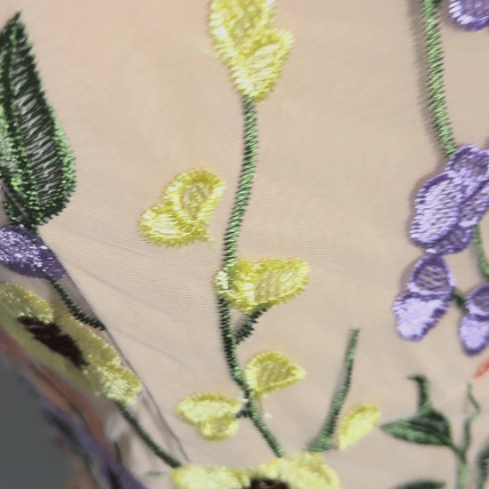 Pastel halter mini dress with multicolor 3D floral embroidery – whimsical spring dress or birthday outfit for women, perfect for garden parties.