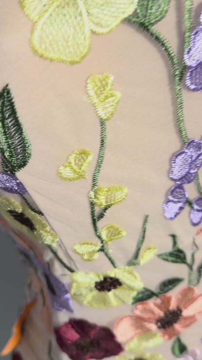 Pastel halter mini dress with multicolor 3D floral embroidery – whimsical spring dress or birthday outfit for women, perfect for garden parties.