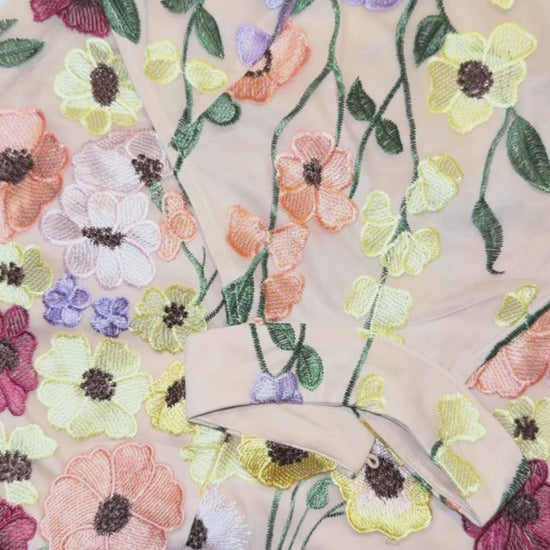 Pastel halter mini dress with multicolor 3D floral embroidery – whimsical spring dress or birthday outfit for women, perfect for garden parties.