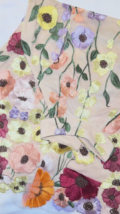 Pastel halter mini dress with multicolor 3D floral embroidery – whimsical spring dress or birthday outfit for women, perfect for garden parties.